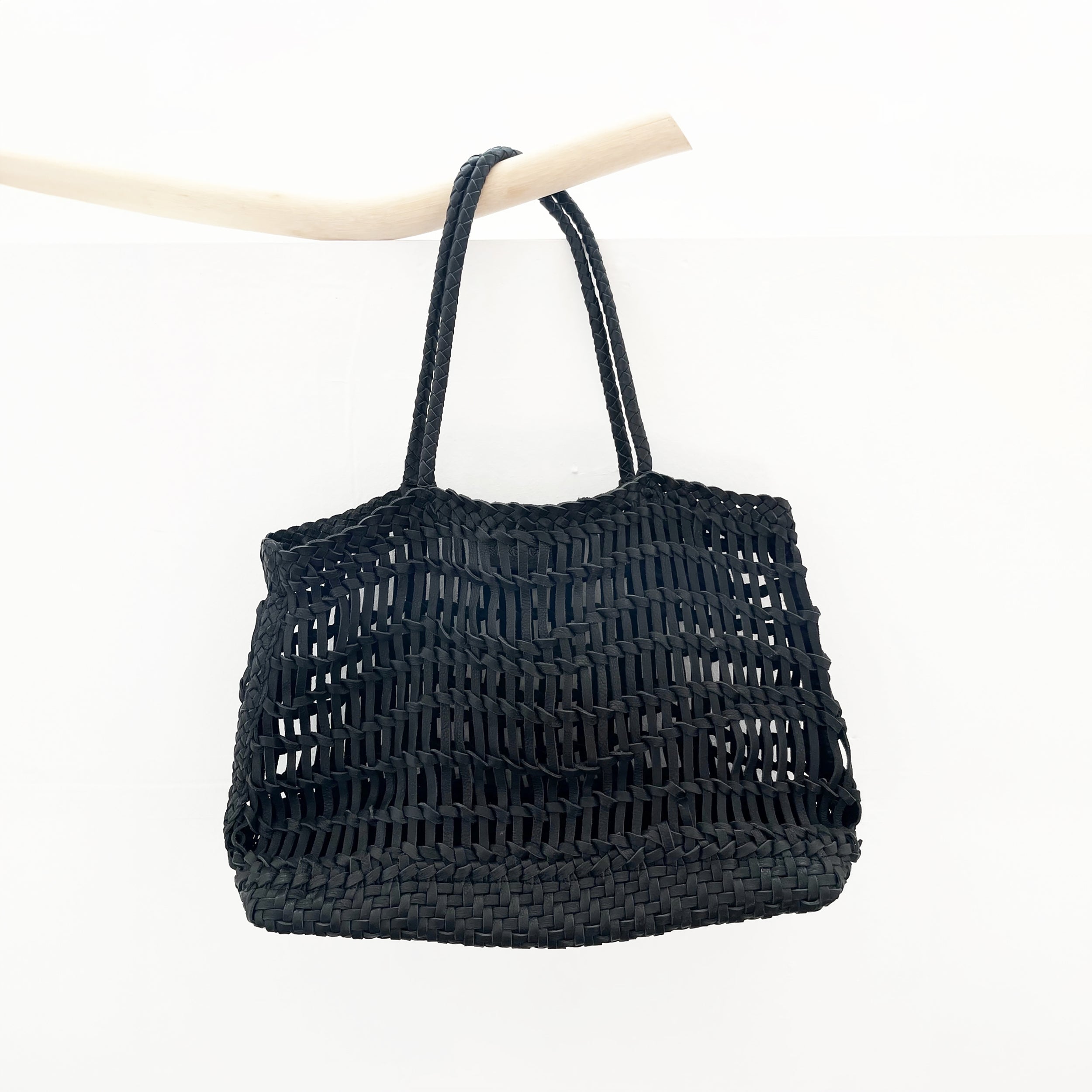 Luni Leather Woven Bag in Black