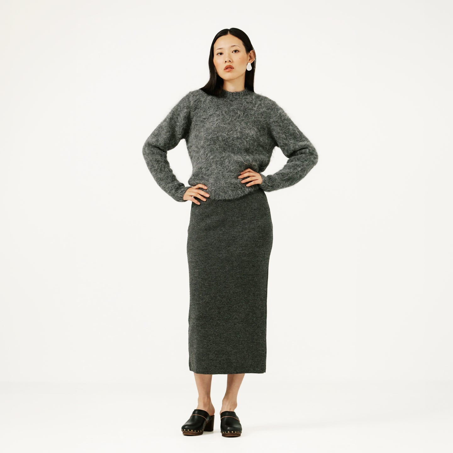 Alpaca Knit Midi Skirt in Stone