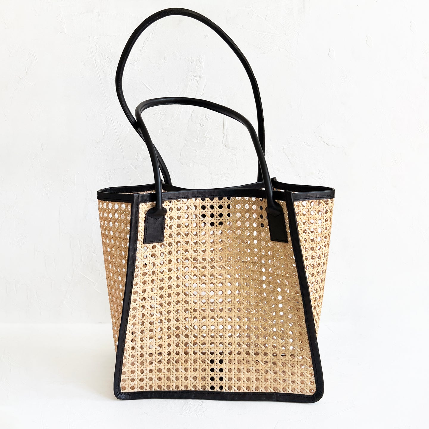 Citra Leather and Rattan Tote Bag in Black
