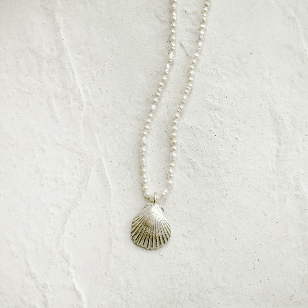 Scallop Shell Necklace in Silver/Pearls