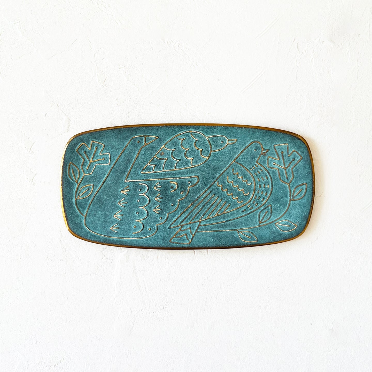 Large Brass Bird Tray in Green Blue