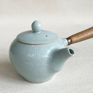 Vintage Ceramic Teapot W/ Hand Carved Wooden Handle