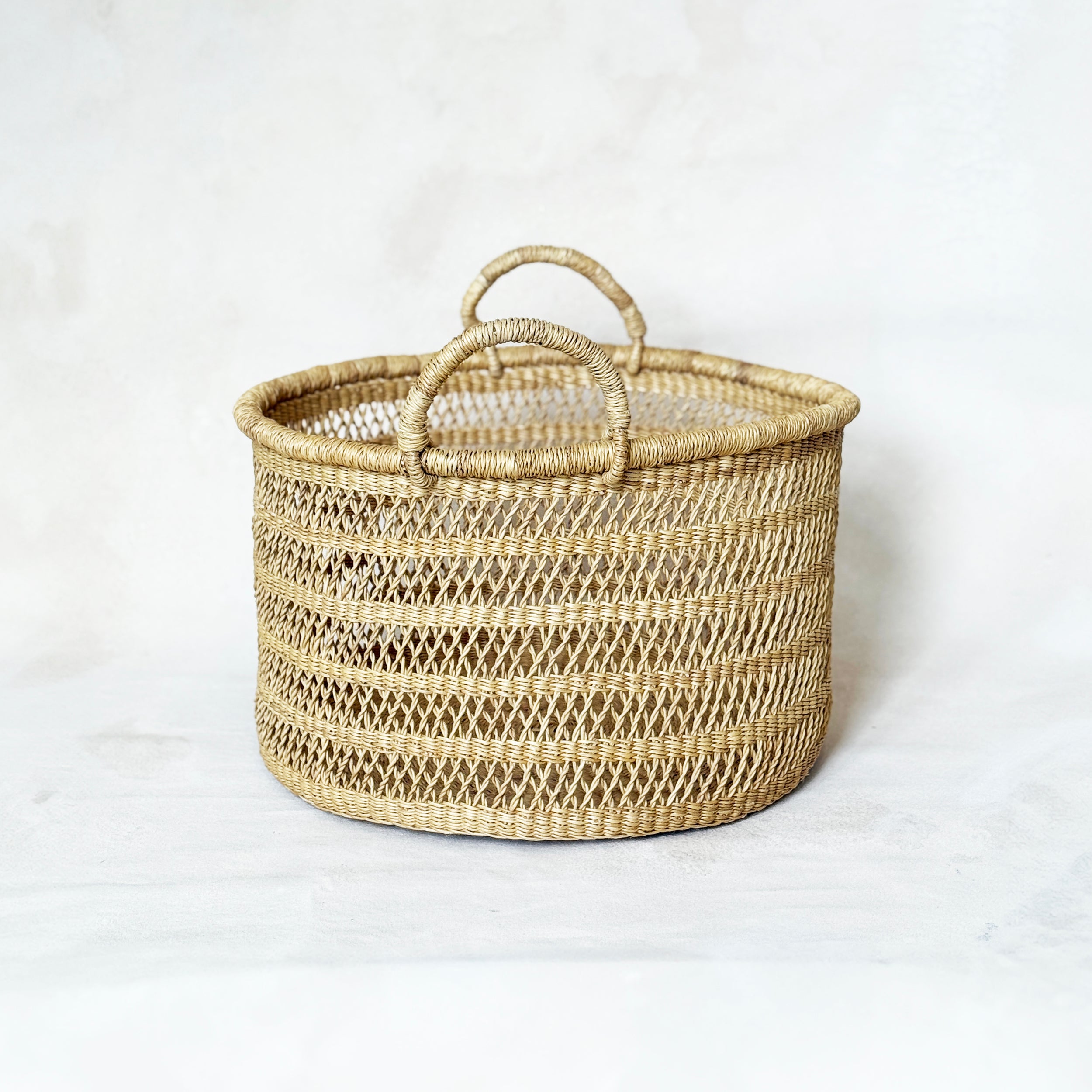 Natural Grass Lace Weave Floor Basket with Handles