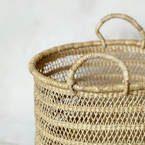 Natural Grass Lace Weave Floor Basket with Handles