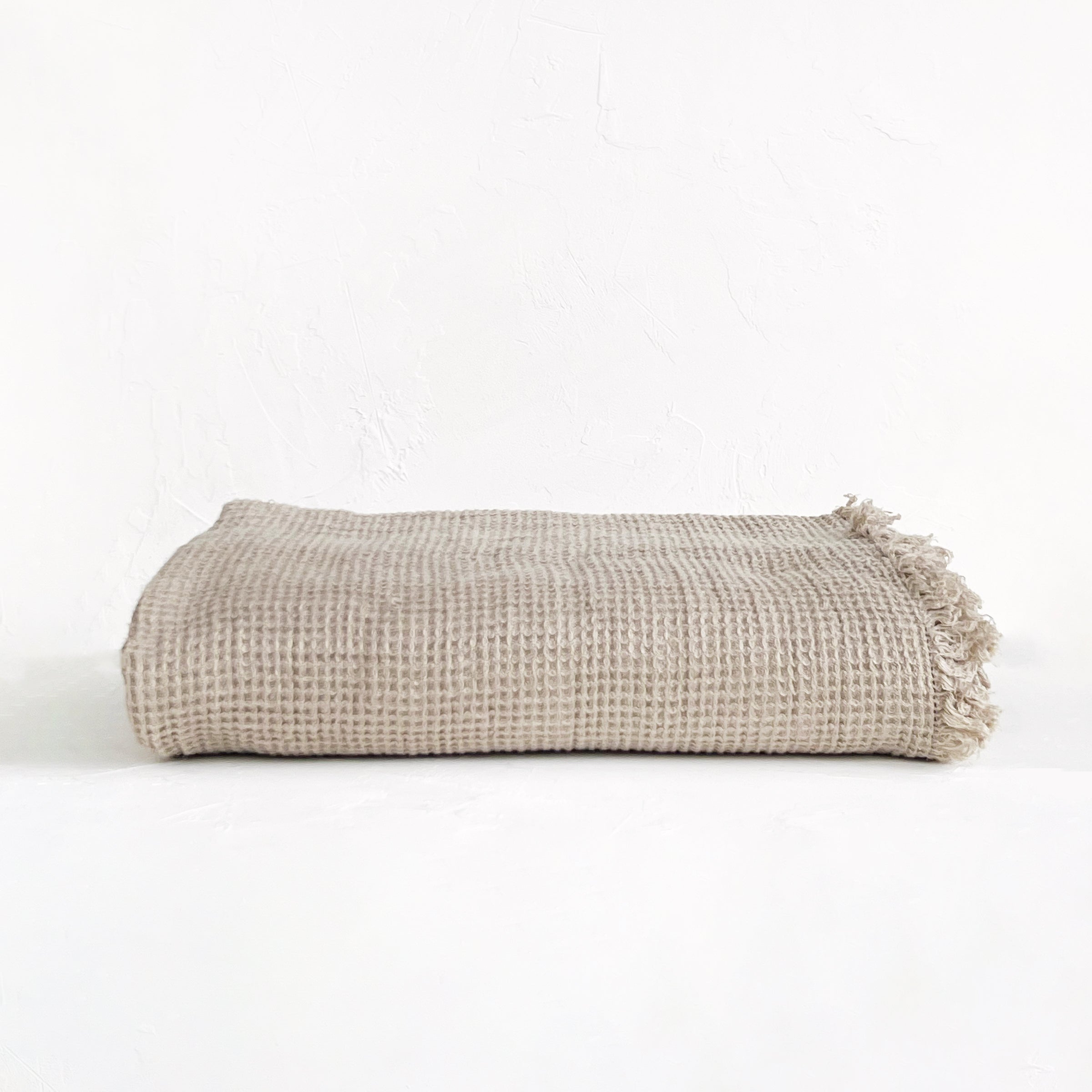 Washed Waffle Linen Throw with Fringes in Natural