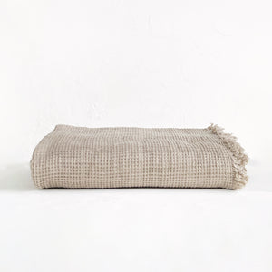 Washed Waffle Linen Throw with Fringes in Natural