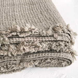 Washed Waffle Linen Throw with Fringes in Natural