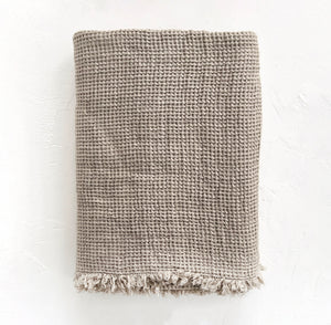 Washed Waffle Linen Throw with Fringes in Natural