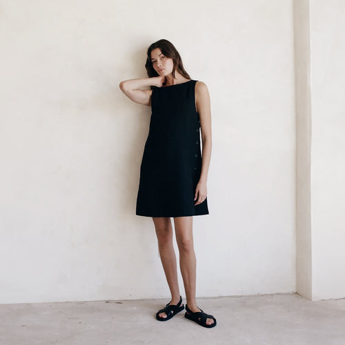 Sleeveless Button Mini Dress in Black